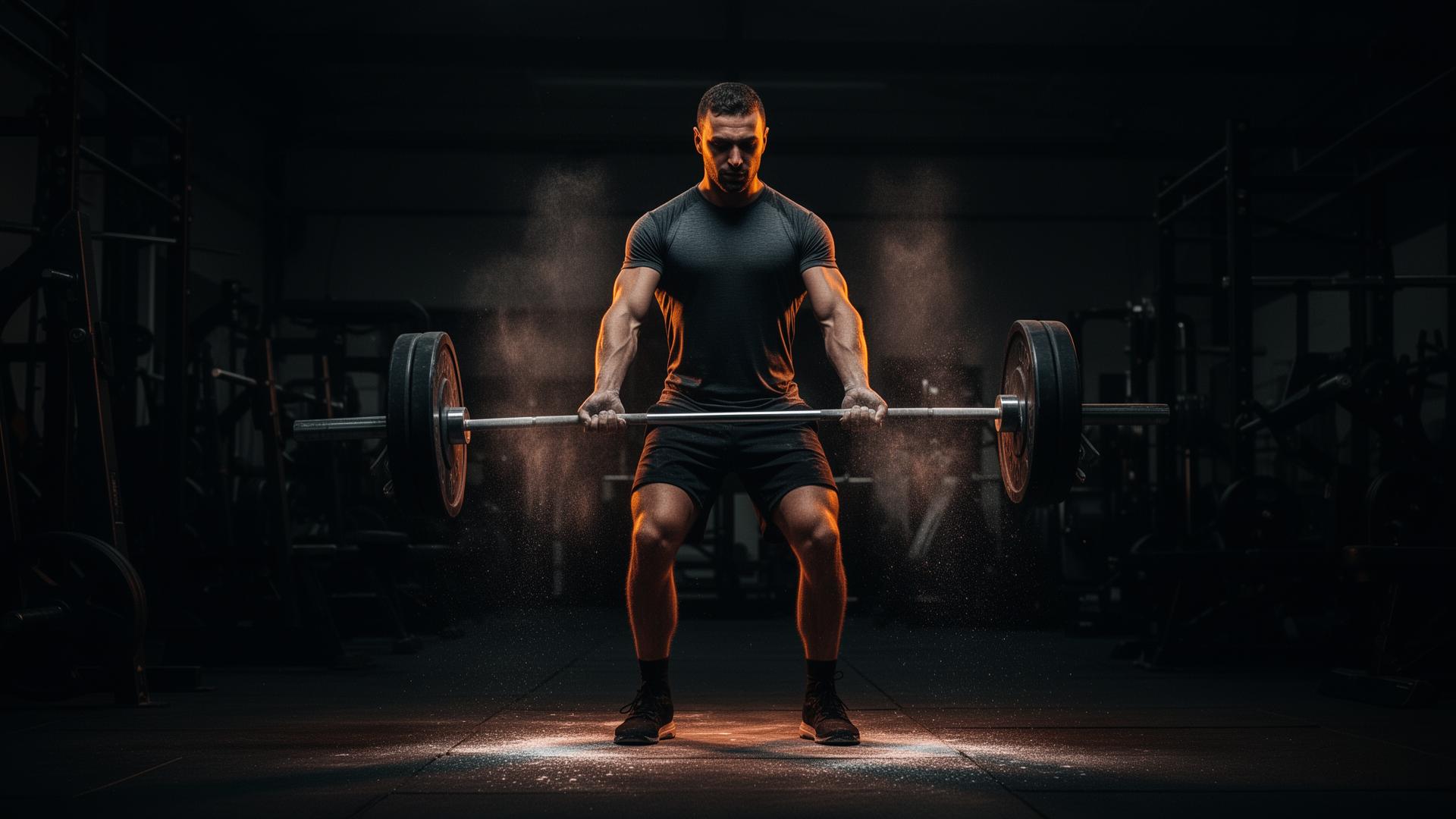 Athlete lifting in a dark gym